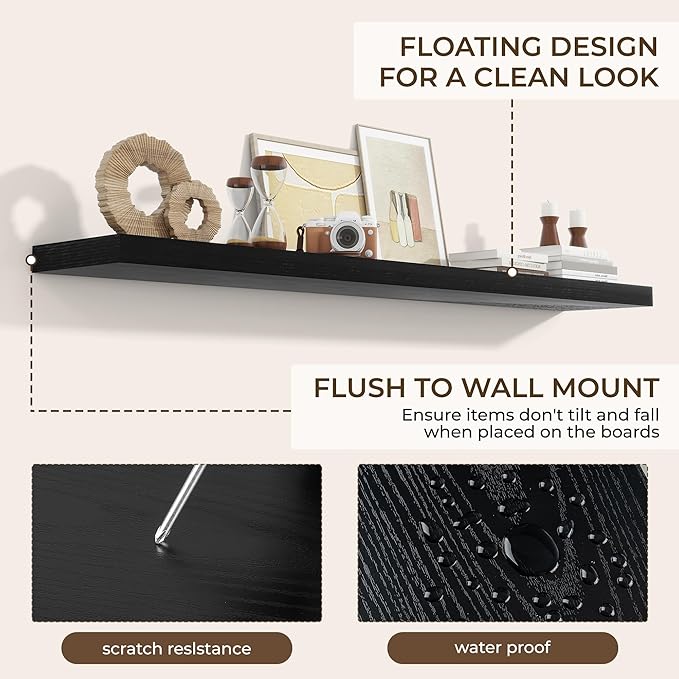 RICHFOCUS 72Inch Floating Shelves for Wall 2 Pack Shelves for Bedroom|Kitchen|Bathroom Wall Mounted Rustic Wood Floating Shelf with Invisible Brackets for Books|Storage|Decor, Black-Ruum Studio Home