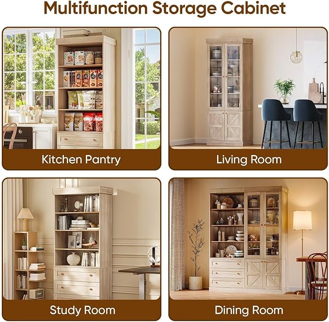 Vyre 71" Tall Farmhouse Bookshelves with Drawers, Large Modular Bookcase with Adjustable Shelves, Storage Cabinet for Living Room， Home Office, Kitchen, Brown-Ruum Studio Home