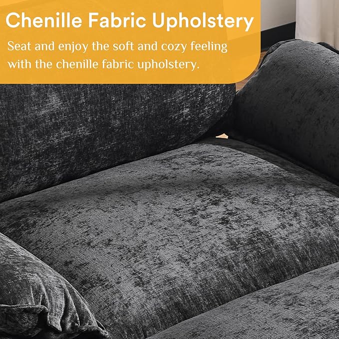 Karl home Oversized Accent Chair Chenille Sofa with Chaise, Modern Sofa Chair with Removable Ottoman Modular 1-Seater Couch and 2-Layer Ottoman for Living Room, Apartment, Studio, Black-Ruum Studio Home