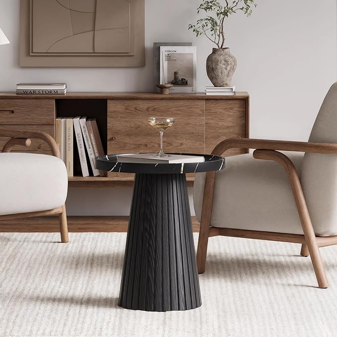 win2win Nesting Coffee Table Set of 2, Modern Coffee Table with Marble Veneer, Fluted Round Tea Table and End Table Set, Minimalist Center Tables for Living Room, Office, Black-Ruum Studio Home