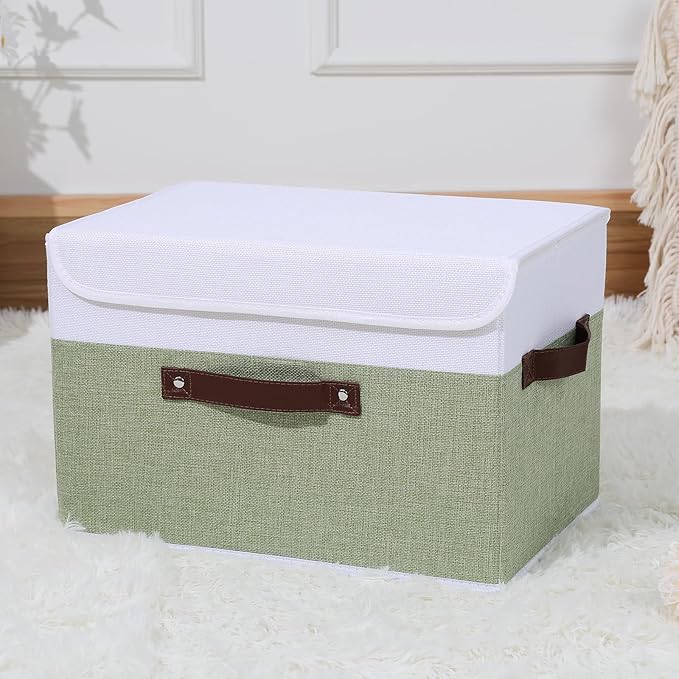 ANMINY Storage Boxes with Lids Washable Decorative Storage Bins Basket with PU Leather Handle Foldable Linen Fabric Storage Cubes Containers for Home Closet Organizer - Green White, Large Size-Ruum Studio Home