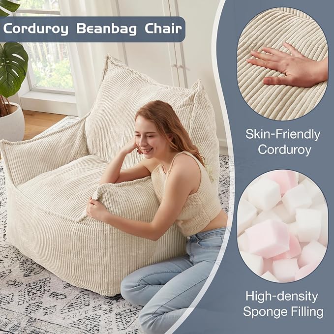 Giant Bean Bag Chair Sofa for Adults Teens, Comfy Corduroy Large Bean Bag Chairs with Armrests for Bedroom Living Room, Adult BeanBag Lazy Sofa Couch Chairs with Filler Included-Ruum Studio Home
