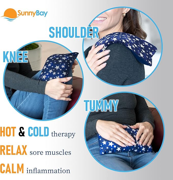 SunnyBay Small Microwave Heating Pad, Microwavable Versatile Cold/Heated Neck and Shoulder Wrap for Back Pain and More, Moist Heat Cotton-Fleece Pad with Flax Seed Filling, 6x11 in, Blue Stars-Ruum Studio Home