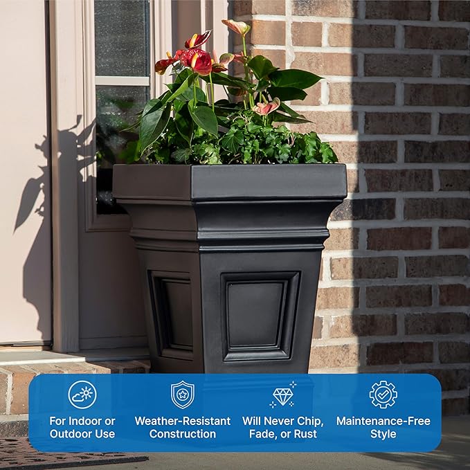 Step2 Atherton Square Planter, Large Planters for Outdoor Plants, Gardening and Flower Pot for Patio or Porch, Efficient Drainage, Durable Plastic, Onyx Black-Ruum Studio Home