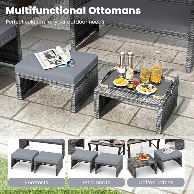 Tangkula 2 Pieces Patio PE Rattan Ottomans, Multipurpose Outdoor Footstool Footrest Additional Seating Side Table with Soft Zippered Cushions for Deck, Garden, and Yard (Gray)-Ruum Studio Home