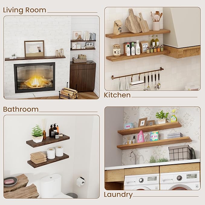 Floating Shelves for Wall Decor, 8 Inch Deep Rustic Solid Elm Wood Floating Shelves Wall Mounted, Wall Shelves with Invisible Bracket for Living Room Bathroom Bedroom Kitchen, 36 Inch Set of 2, Walnut-Ruum Studio Home