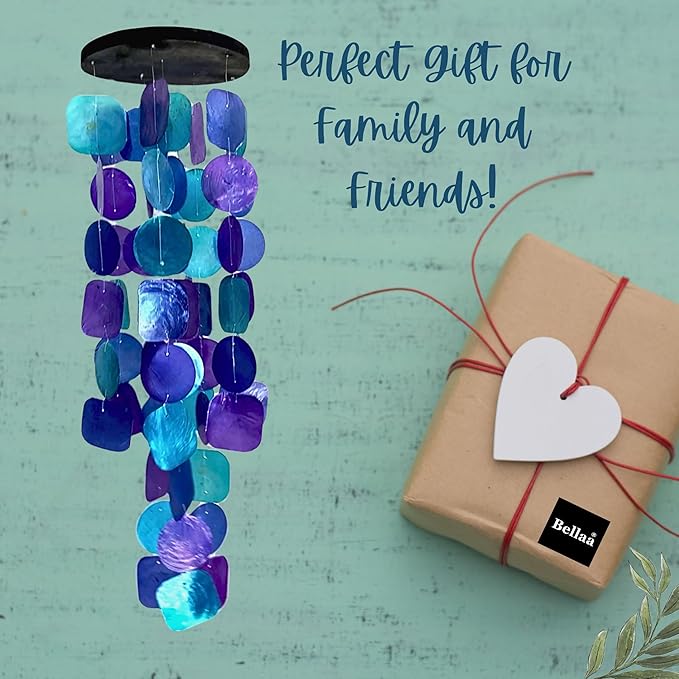 Bellaa 20414 Wind Chimes Outdoor, Garden Decorations, Musical, Indoor/Outside Windchimes, Beach, Ocean Breeze, Gifts for Mom, Gift for All Occasions, Capiz Sea Glass Shells Wood Purple 27 inch-Ruum Studio Home