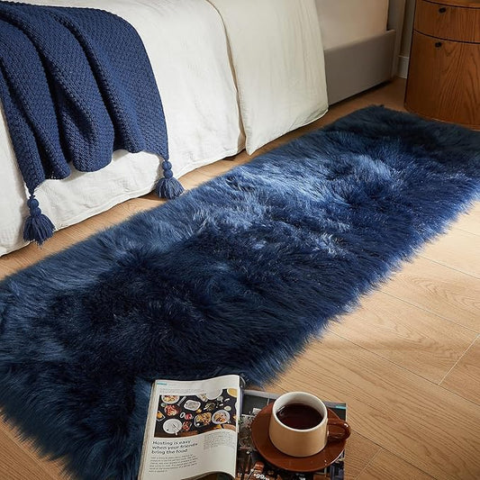 AMTOVO Faux Fur Rug, Dark Blue Ultra Soft Fluffy Shag Sheepskin Rug, 2 x 6 ft Runner Area Rugs for Bedroom Sofa Throw Cushion Room Decor, Rectangle-Ruum Studio Home
