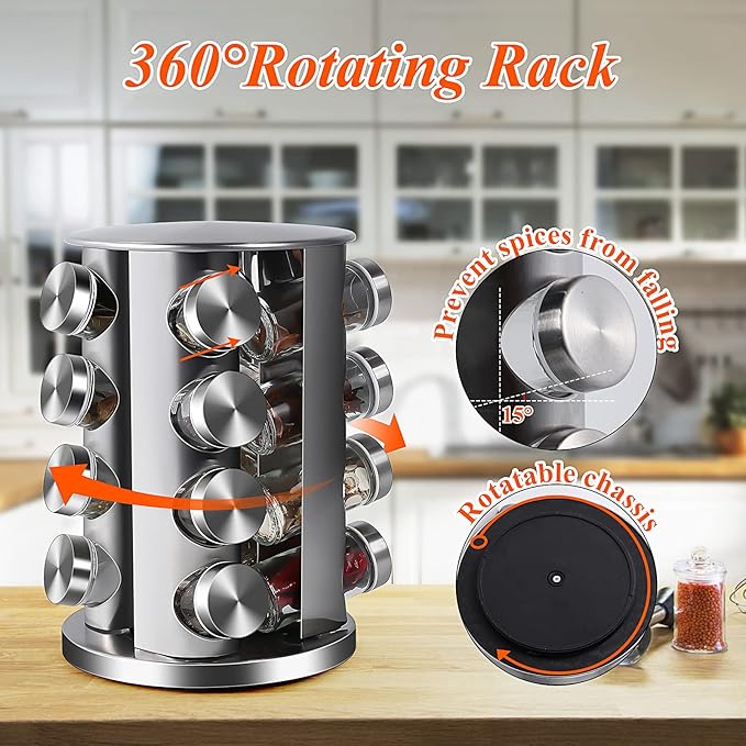 DOUBLE 2 C Revolving Countertop Spice Rack Stainless Steel Seasoning Storage Organization,Spice Carousel Tower for Kitchen Set of 16 Jars (16Jars)-Ruum Studio Home
