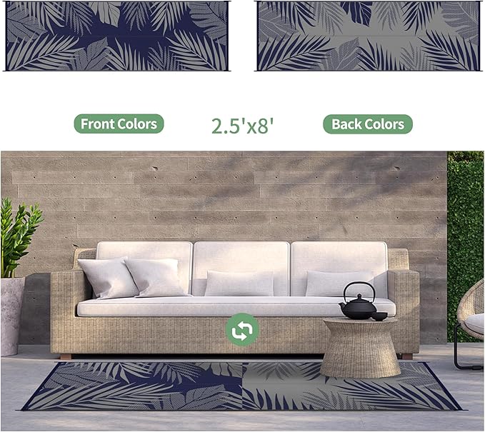 GENIMO Outdoor Rug 2.5' x 8' Waterproof for Patios Clearance, Reversible Outdoor Plastic Straw Camping Rug Carpet, Large Area Rugs Mats for RV, Camper, Deck, Balcony, Porch, Beach, Picnic, Blue&Grey-Ruum Studio Home