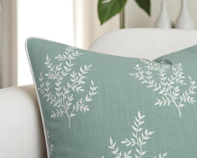 VAGMINE Embroidered Leaves Throw Pillow Cover - 18x18 Inches Square - 100% Cotton Light Teal Decorative Cushion Cover - Elegant Embroidery Pattern - Coastal Home Accent for Sofa, Bed, Living Room-Ruum Studio Home