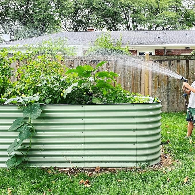 Vego garden 32" Extra Tall Raised Garden Bed Kits, 10 in 1 Modular Raised Planter Box for Vegetables Flowers Fruits Oval Metal Raised Garden Bed- Olive Green-Ruum Studio Home