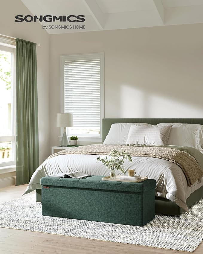 SONGMICS MAZIE Collection - 43 Inches Folding Storage Ottoman Bench, Ottoman Foot Rest, End of Bed Bench, Storage Chest, Load 660 lb, for Living Room, Bedroom, Entryway, Retro Green ULSF077C01-Ruum Studio Home