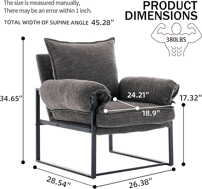 YISHENG Accent Chair with 6-Angle Adjustable Backrest, Chenille Fabric Living Room Chair Upholstered Lounge Chair, Modern Chair Cozy Reclining Chair for Reading Room, 1PC Gray-Ruum Studio Home