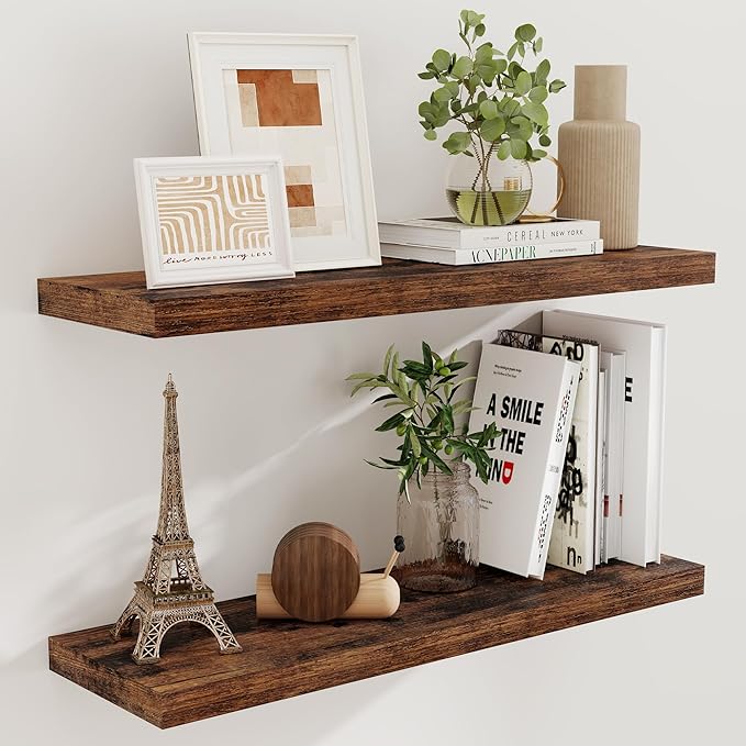 Fun Memories Rustic Wood Floating Shelves for Wall, 36 x 9 Wall Shelves Set of 2, Deep Floating Shelf for Kitchen, Living Room Storage & Display, Deep Wooden Bookshelf, Rustic Brown Color-Ruum Studio Home
