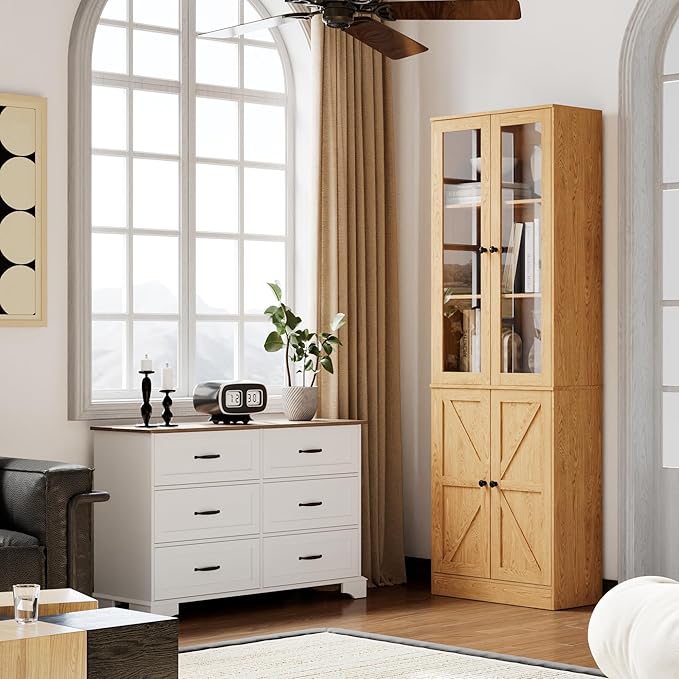 Bookcase with Doors, Tall Cabinets Storage Shelves, 5 Tier Bookshelf with Storage Cabinet, Light Wood Rustic Display Shelf Home Decor Furniture for Office, Living Room, Bedroom, Kitchen, Dining Room-Ruum Studio Home