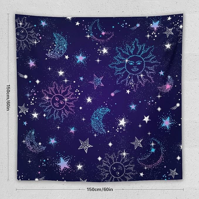 HZOHNAGO Boho Sun Moon Tapestry Purple Blue Sun Stars Galaxy Pattern Printed Wall Tapestry Wall Hanging for Bedroom Living Room Dorm 60" W x 60" H-Ruum Studio Home