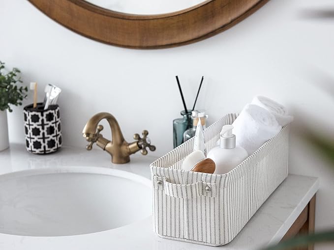 StorageWorks Narrow Storage Bins, Small Basket for Closet and Shelves, Fabric Organizer with Handles, Toilet Paper Storage, Gray and White Stripes, 2-Pack-Ruum Studio Home