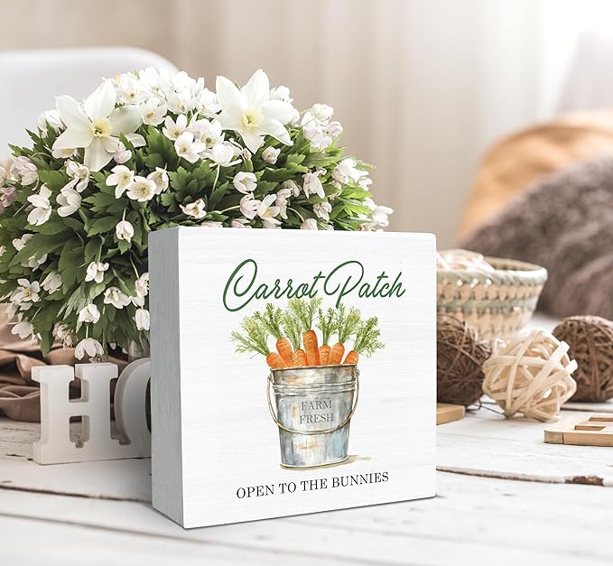 SRADMO Easter Sign, Carrot Patch Easter Wood Box Sign Desk Decor, Easter Carrot Decorations, Farmhouse Easter Theme Wooden Block Box Sign Decoration for Home Office Shelf Table Decor-Ruum Studio Home