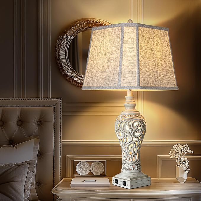 32" Tall Table Lamps Set of 2 - Bedside Lamp with Fabric Shades - for Bedroom and Living Room with USB and Nightlight - Perfect for Nightstands and Bedrooms - Bulbs Included-Ruum Studio Home