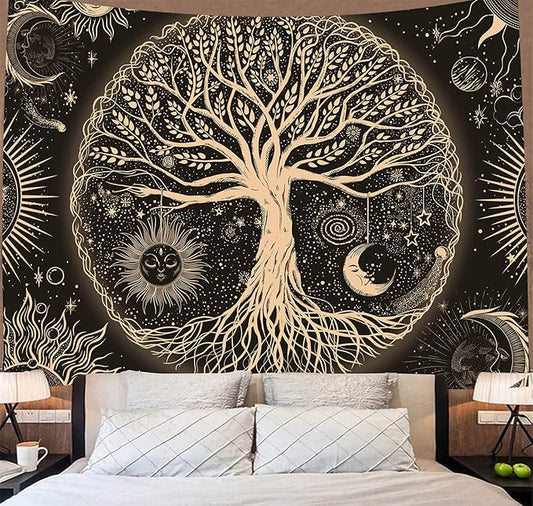 FORATER Tree of Life Tapestry Wall Hanging Sun Moon Stars Tapestries Aesthetic Galaxy Wall Tapestry Nature Home Decoration for Living Room Bedroom(36 x 48 Inch, Black and Gold)-Ruum Studio Home