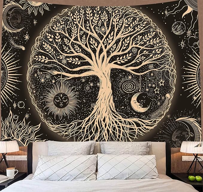 FORATER Tree of Life Tapestry Wall Hanging Sun Moon Stars Tapestries Aesthetic Galaxy Wall Tapestry Nature Home Decoration for Living Room Bedroom(61 x 82 Inch, Black and Gold)-Ruum Studio Home