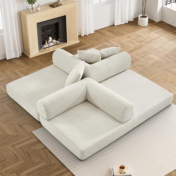 Convertible Sleeper Sofa Bed with Pillow, 4-in-1 Corduroy Folding Mattress Couch with Fixed-Shape Frame, Fold Out Floor Sofa Cama Lounge Couch for Living Room Bedroom Studio, Beige White-Ruum Studio Home