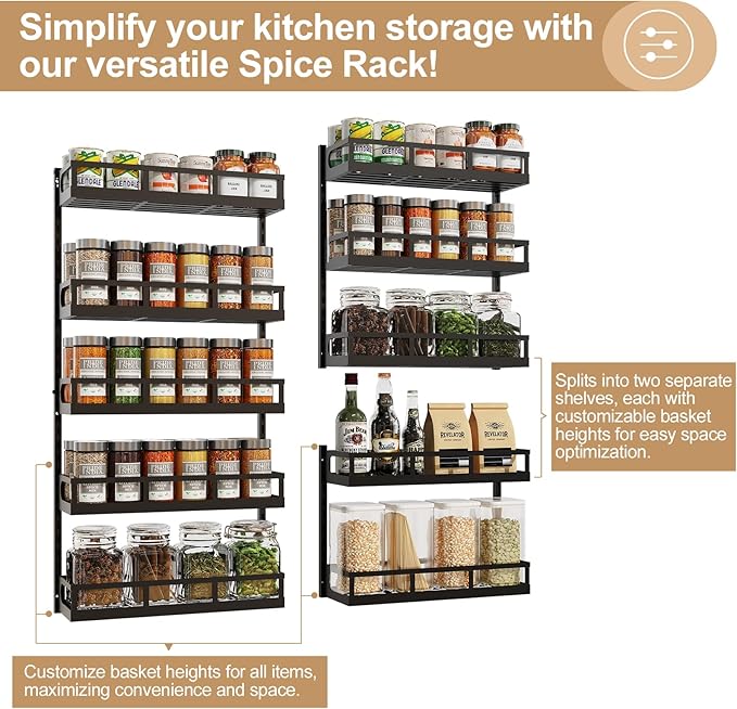 X-cosrack Wall Mount Spice Rack Organizer 5 Tier Height-Adjustable Hanging Spice Shelf Storage for Kitchen Pantry Cabinet, Dual-Use Seasoning Holder Rack with Hooks, Black-Patented-Ruum Studio Home