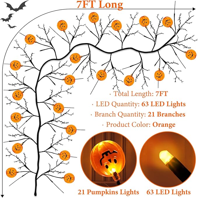 7 Ft 63 LED Halloween Decorations Willow Vine Twig Garland with 8 Modes Timer 21 Pumpkin Orange Lights, Halloween Garland with Waterproof Battery Operated for Indoor Wall Fireplace Decorations-Ruum Studio Home