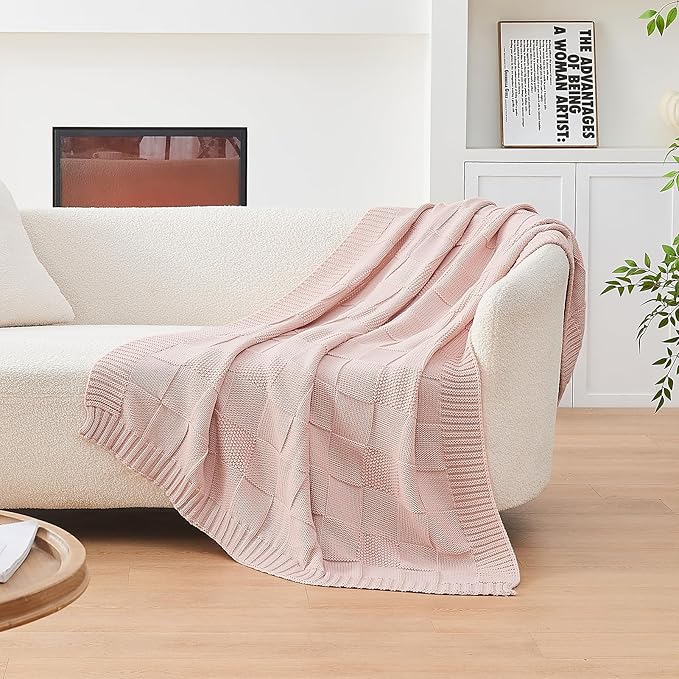 CozeCube Check Knit Throw Blanket, Pink Checkered Throw for Couch, Decorative Christmas Soft Cozy Warm Knitted Blanket for Bed Sofa Living Room, 50"X60"-Ruum Studio Home