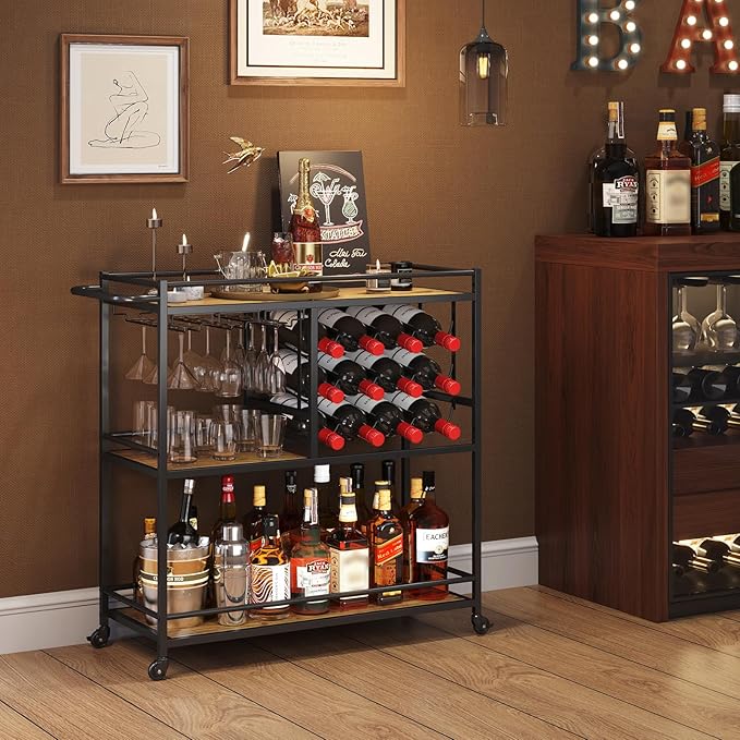 Lifewit Bar Cart for The Home, 3 Tier Drink Cart with Lockable Wheels, 12 Wine Rack and 3 Rows Glass Holders, Liquor Serving Cart for Kitchen Dining Livingroom, 31.6" x 13.1" x 33.9", Rustic Brown-Ruum Studio Home
