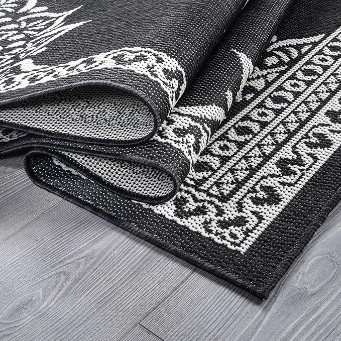 CAMILSON Outdoor Rug, 5x7 Medallion Black White Modern Area Rugs for Indoor and Outdoor Patios, Kitchen and Hallway Mats, Washable Porch Deck Outside Carpet (Medallion Black, 5 x 7)-Ruum Studio Home