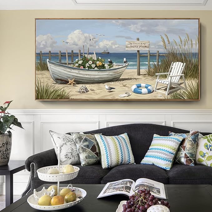 amatop Giant Framed Beach Wall Art Large Nautical Seaside Canvas Print Flower Boat Ocean Horizontal Landscape Picture Sea Birds Artwork for Coastal Farmhouse Living Room Bedroom Office Decor 58×29 Inch-Ruum Studio Home