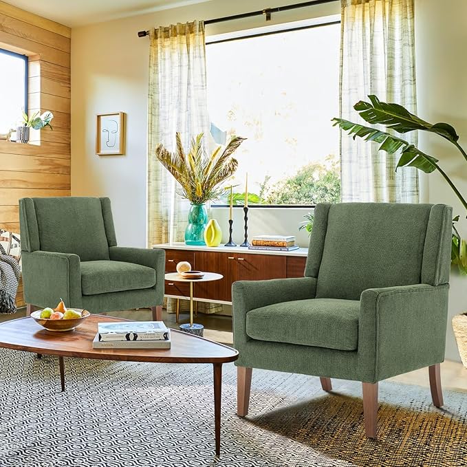 COLAMY Modern Wingback Living Room Chair, Upholstered Fabric Accent Armchair, Single Sofa Chair with Lounge Seat and Wood Legs for Bedroom/Office/Reading Spaces, Green-Ruum Studio Home