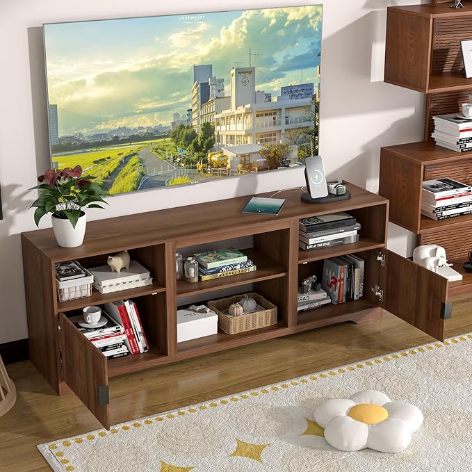 Fluted TV Stand for Tvs up to 80",Mid Century Modern TV Stand with Open Adjustable Shelf,Entertainment Center Wood TV Media Console with Cord Holes,TV Stand for Living Room Furniture Bedroom,Walnut-Ruum Studio Home