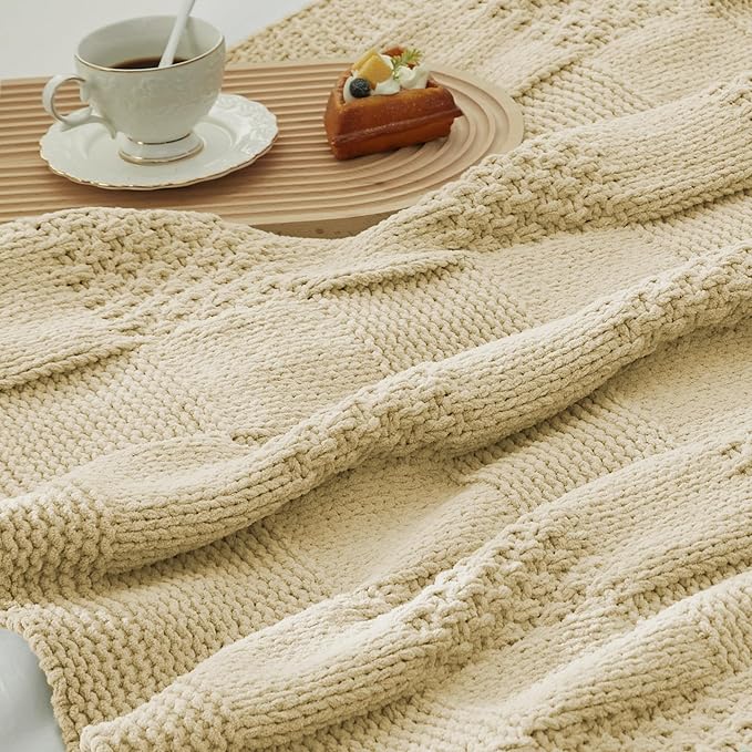 Amélie Home Chenille Knit Throw Blanket for Couch, Checkered Texture Decorative Soft Blanket for Sofa, Bed & Living Room, 50"x60", Beige-Ruum Studio Home