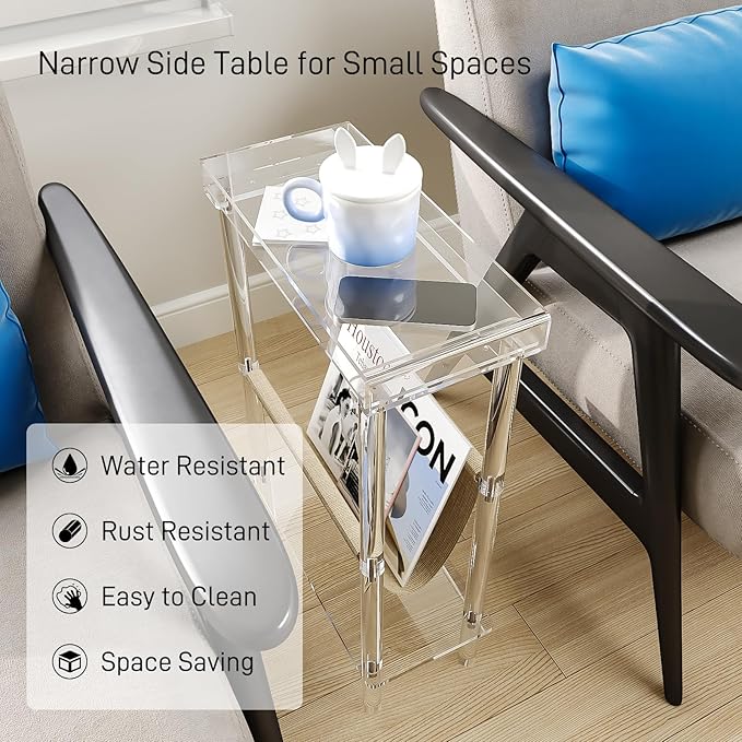 Eglaf Acrylic Narrow Side Table for Small Spaces - Slim End Table with Magazine Holder - Skinny Side Table Small Bedside Table Nightstand for Living Room Bedroom- 15.7” L x 7” W x 23.9” H, Clear-Ruum Studio Home