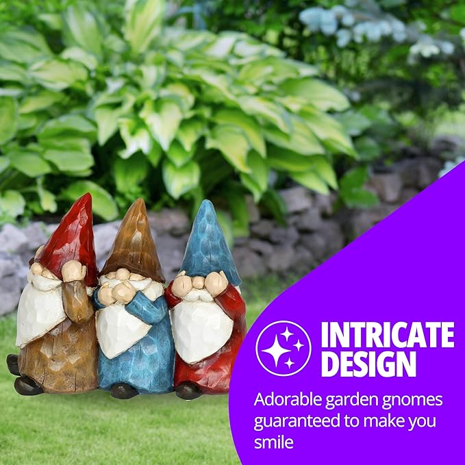 Exhart Garden Gnomes, See No, Hear No, Speak No Evil Garden Gnome Statue, Hand Painted Outdoor Garden Decorations, 12 x 9 Inch-Ruum Studio Home