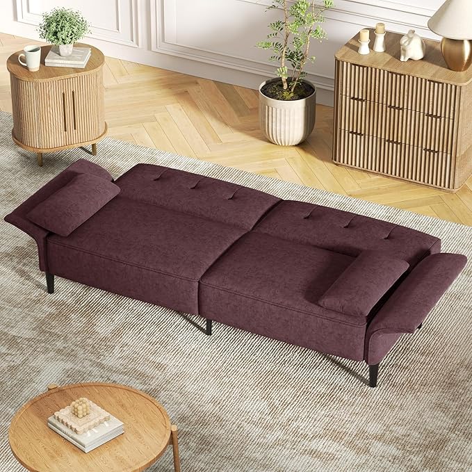 89” Futon Sofa Bed, Velvet Fabric Comfy Futon Couch Bed with 2 Square Pillows, Convertible Sleeper Sofa with Adjustable Backrest& Armrests, Modern Loveseat Sleeper for Living Room, Burgundy-Ruum Studio Home