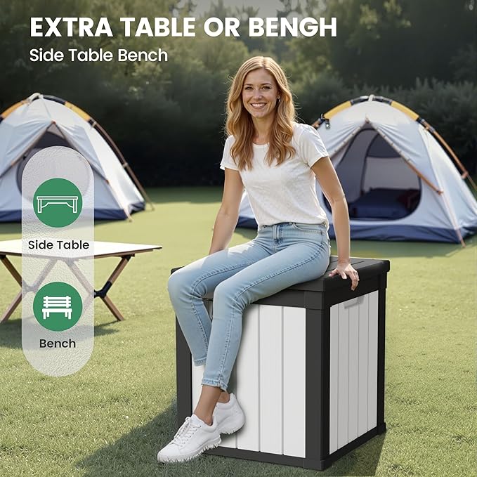50 Gallon Storage Box, Waterproof Deck Box for Indoor & Outdoor Use, Lockable Pool Storage Bin for Package Delivery, Outdoor Bench for Patio Cushions, Garden Tools, Backyard, Black & White-Ruum Studio Home