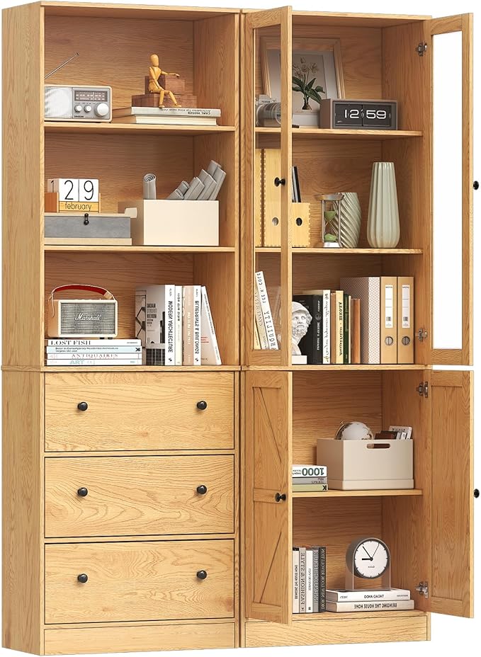 71" Tall Bookshelves Set of 2, Bookcase with Drawers & Bookshelf with Doors, Wooden Bookshelves Floor Standing Display Storage Shelves Home Decor Furniture for Home Office, Living Room,Natural-Ruum Studio Home