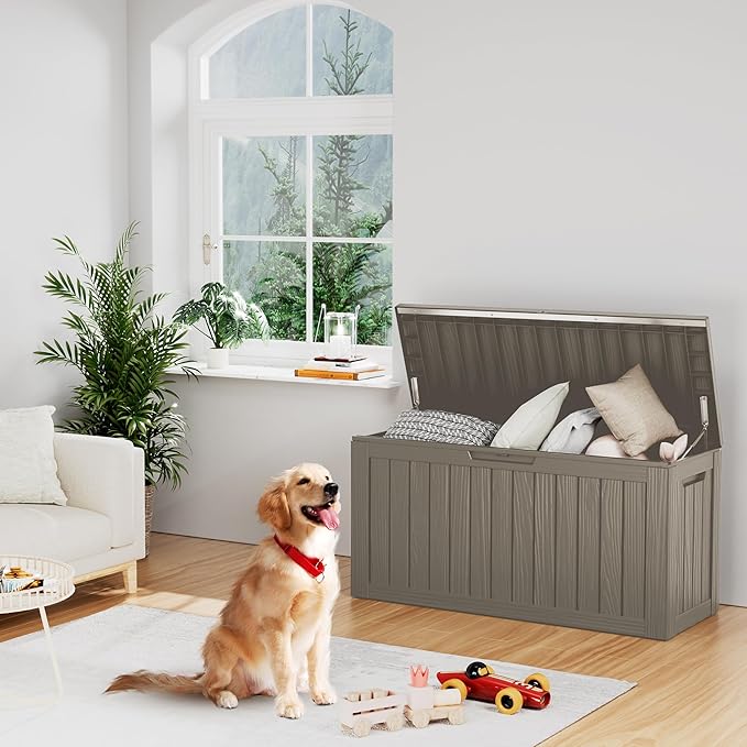80 Gallon Outdoor Storage Box Waterproof Lockable Resin Deck Box Large, Patio Storage Bin for Pool Accessories Cushion Furniture, Garden Tools, UV-Resistant Outside Delivery Grey-Ruum Studio Home