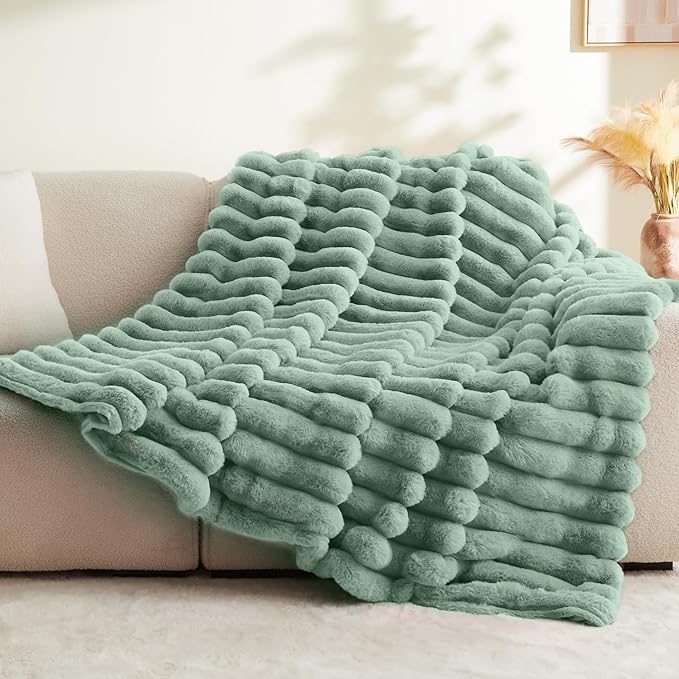 BEDELITE Faux Rabbit Fur Blanket, Luxurious 3D Striped Spring Blanket for Decor & Gift, Soft and Warm Plush Fluffy Faux Fur Throw Blanket All Seasons Suitable, (Sage Green, 60"x 80")-Ruum Studio Home