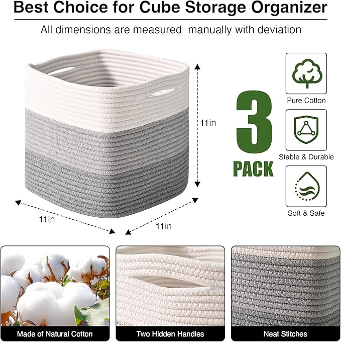 11 Inch Cube Storage Bins, Storage Cube Organizer Bins, Woven Cotton Rope Basket for Storage, Storage Baskets for Organizing Shelves, Grey Baskets for Toys, Gradient Grey (Pack of 3)-Ruum Studio Home