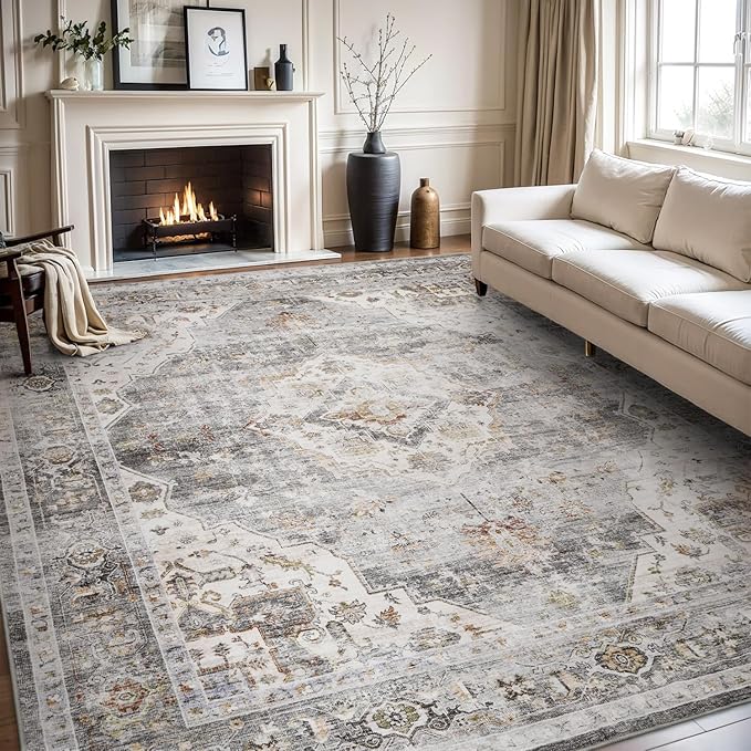 AMOAMI-Area Rug 8X10 Rugs for Living Room-Vintage Soft Grey Rugs for Bedroom-Non Slip Carpet-Washable Rug for Dining Room Living Room Bedroom Office Under Table-Ruum Studio Home