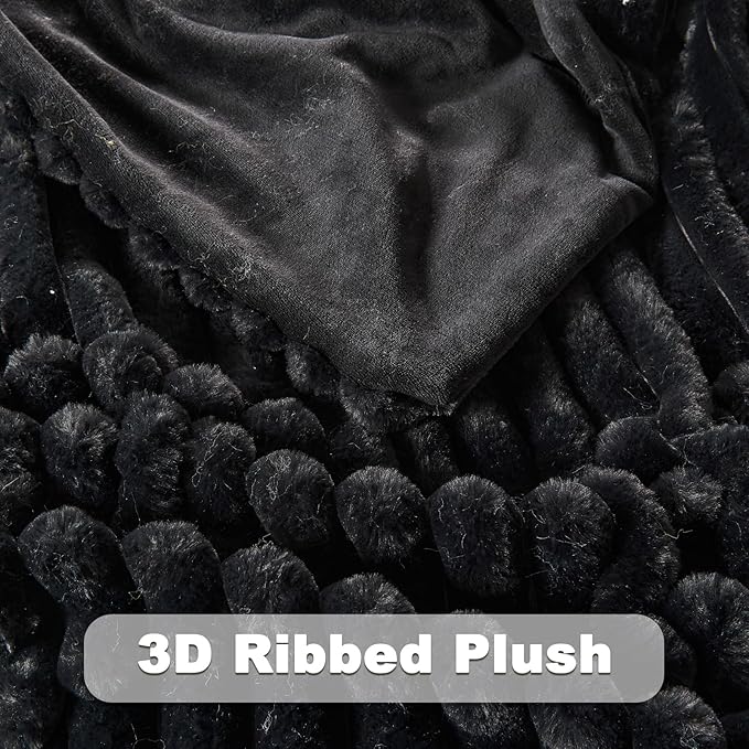 NEWCOSPLAY Faux Fur Throw Blanket Black 3D Ribbed Plush Thick Warm Blanket for Couch Sofa Bed 850GSM (Black Ribbed, Throw(50"x60"))-Ruum Studio Home