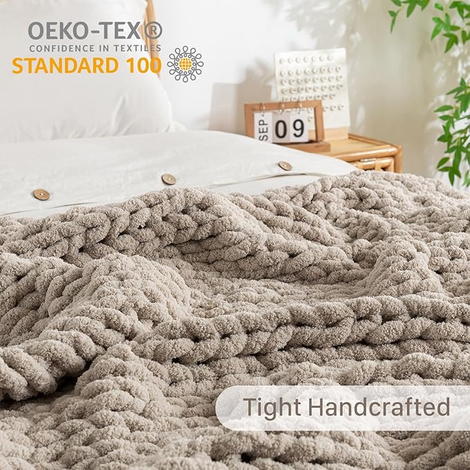 Chunky Knit Blanket Throw, 100% Hand Knit Throw Blanket Handmade Chenille Cable Knit Throw for Couch, Stylish Cozy Soft Rope Knot Crochet Blanket for Home Decor, Beige Linen, 40x50 Inches-Ruum Studio Home