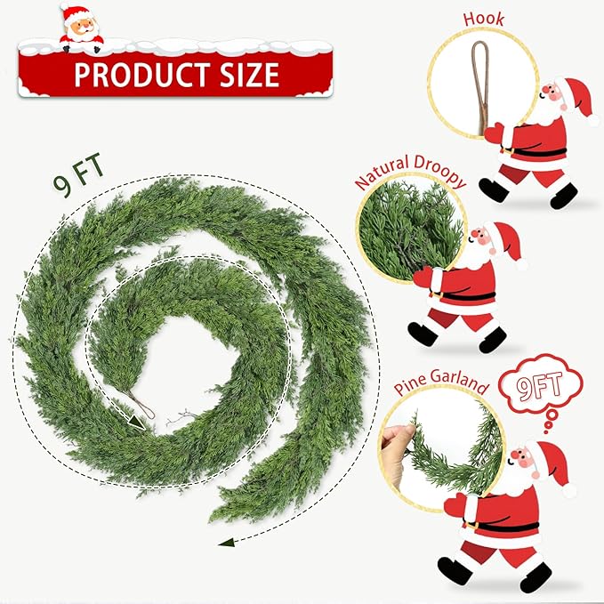 9 Ft Real Touch Christmas Garland Indoor with Pine Cone,Thick and Lush，Soft Bendable Mantle Garland Christmas, Lifelike Cedar Garland, Christmas Garland for Mantle,Indoor Christmas Decorations-Ruum Studio Home