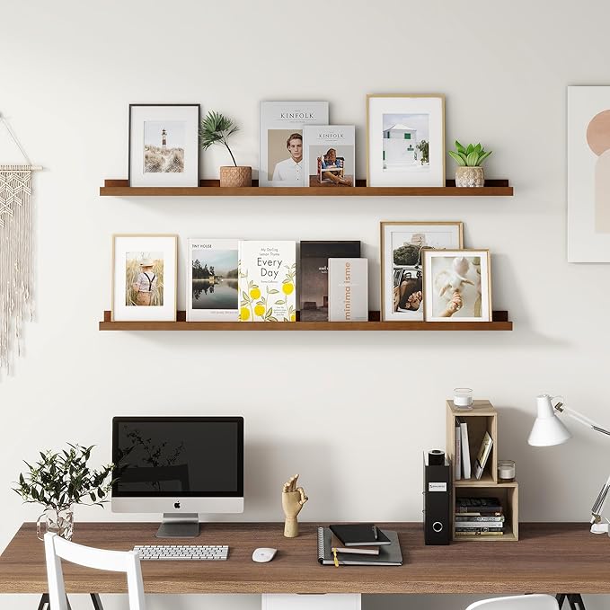 Picture Ledge Wall Shelves 24 inch Width Set of 2, Solid Pine Wood Rustic Floating Ledge Shelves for Wall for Kids' Room Bedroom Kitchen Bathroom Living Room Nursery Display Wall Decor, Walnut-Ruum Studio Home