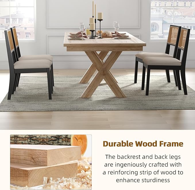 Westice Rattan Dining Chairs Set of 4, Farmhouse Natural Dining Room Chairs with Upholstered Cushion, Wood Armless Chairs for Kitchen/Restaurant, Black-Ruum Studio Home